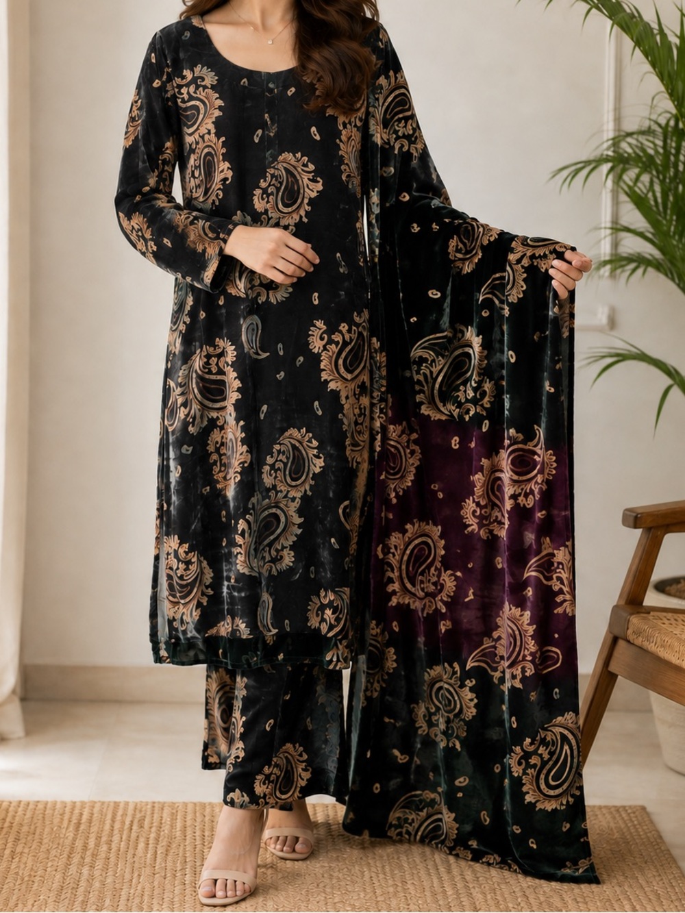 NEW 2pc Velvet Paisley Kameez & Dupatta